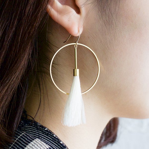 SASAI<br /> White Tassel Hoop Earrings